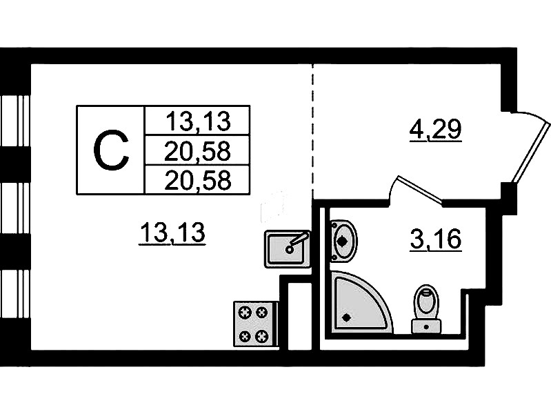 Квартира студия 20.58 м², 7/12 эт., ЖК «Новые Лаврики»